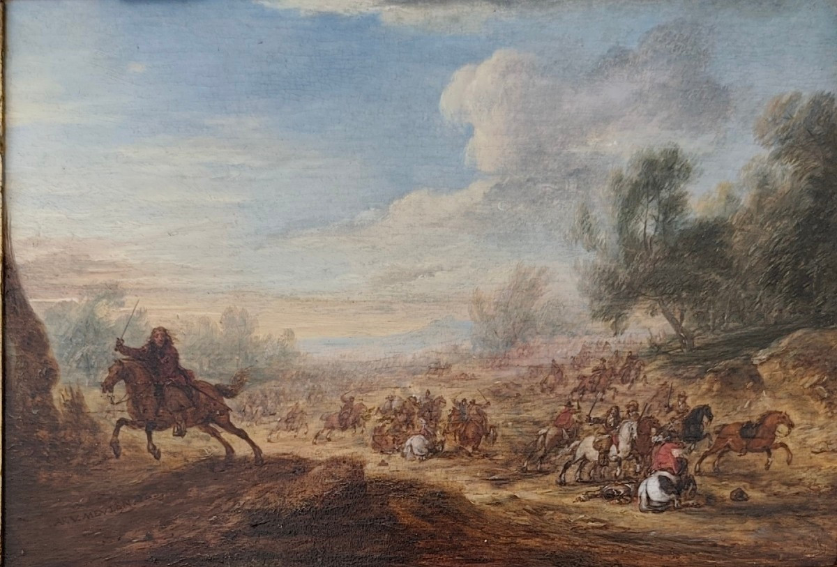 Scena di battaglia Battaglia tra cavalieri Olio su tavola cm 15x24 Firmato: AF.V.Meulen Cornice-photo-2