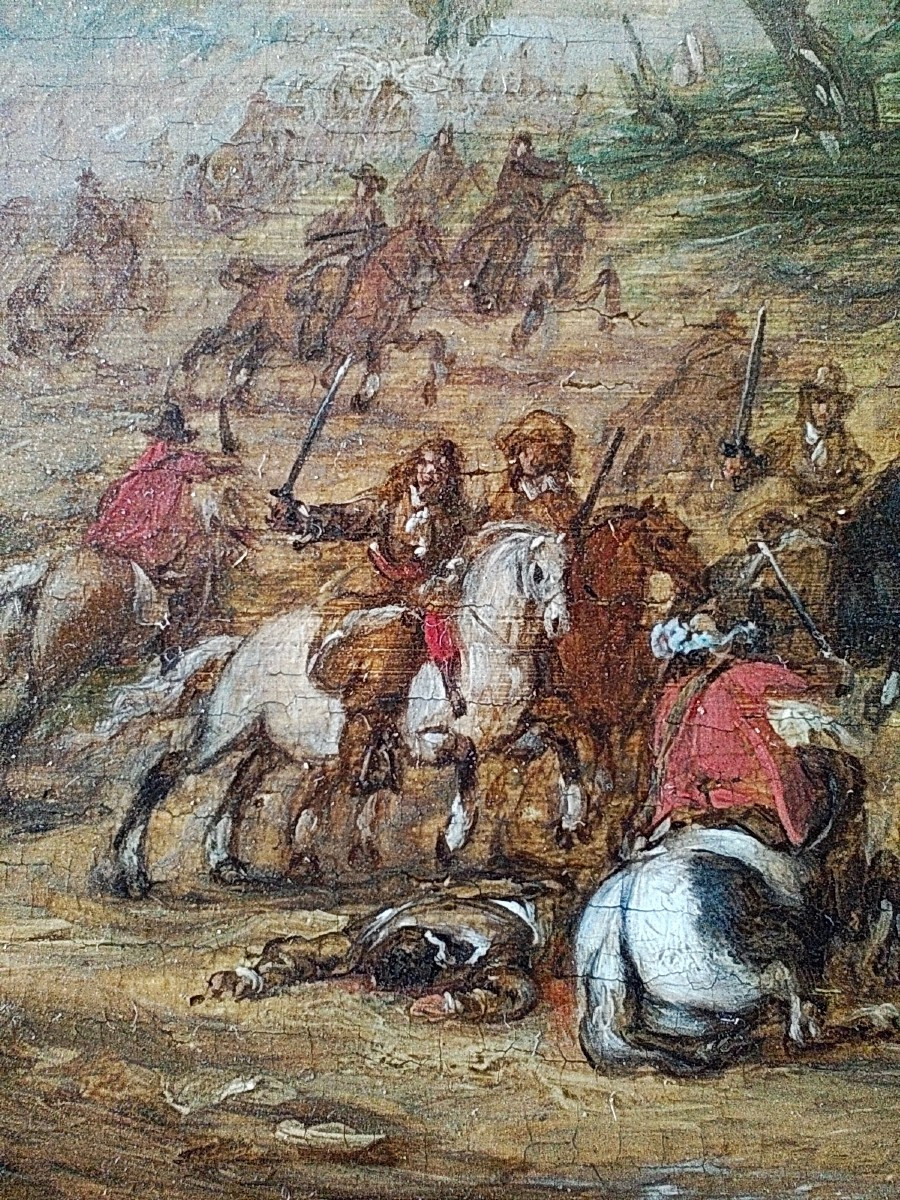 Scena di battaglia Battaglia tra cavalieri Olio su tavola cm 15x24 Firmato: AF.V.Meulen Cornice-photo-4