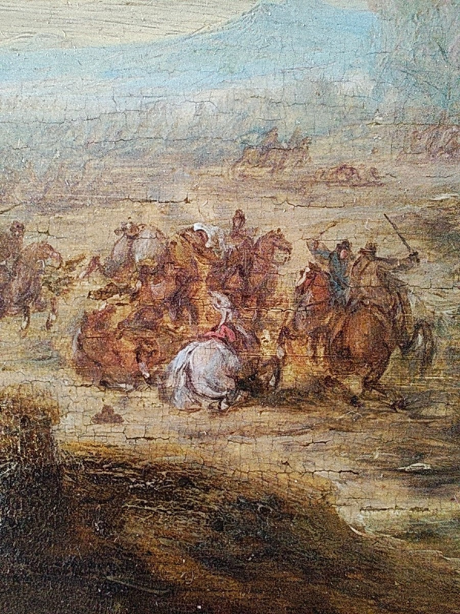 Scena di battaglia Battaglia tra cavalieri Olio su tavola cm 15x24 Firmato: AF.V.Meulen Cornice-photo-1