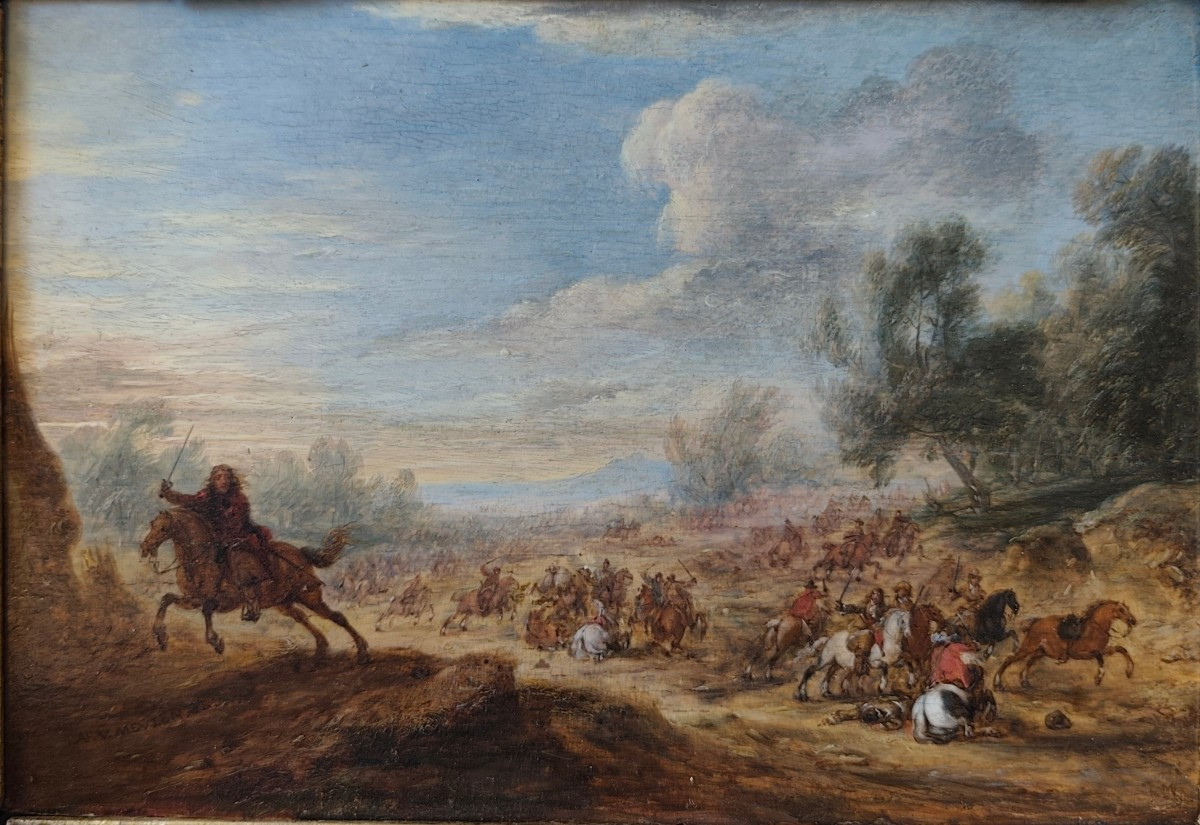 Scena di battaglia Battaglia tra cavalieri Olio su tavola cm 15x24 Firmato: AF.V.Meulen Cornice-photo-2