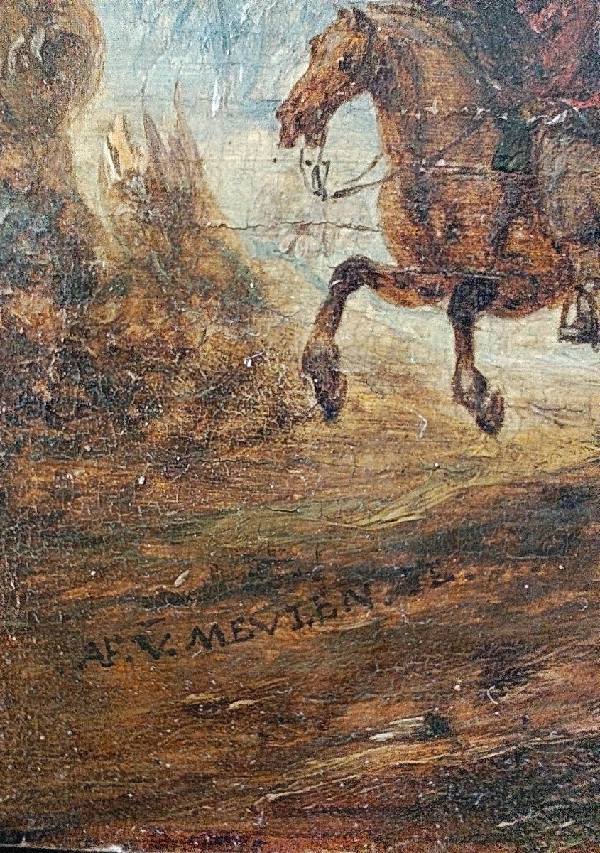 Scena di battaglia Battaglia tra cavalieri Olio su tavola cm 15x24 Firmato: AF.V.Meulen Cornice-photo-5