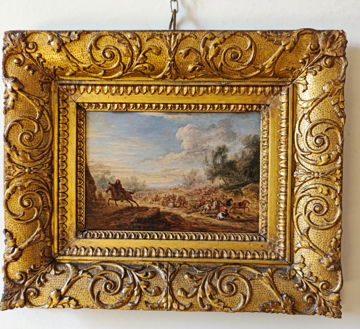 Scena di battaglia Battaglia tra cavalieri Olio su tavola cm 15x24 Firmato: AF.V.Meulen Cornice