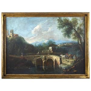Paesaggio fluviale con carro e personaggi 