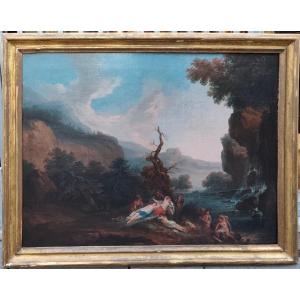 Paesaggio con cascata e ninfe al bagno 