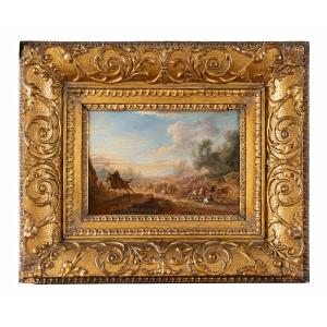 Scena di battaglia Battaglia tra cavalieri Olio su tavola cm 15x24 Firmato: AF.V.Meulen Cornice