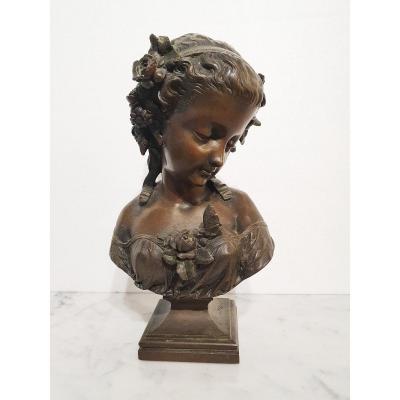 Buste De Jeune Femme Mélancolique En Bronze Patiné Par Eugène-antoine Aizelin.