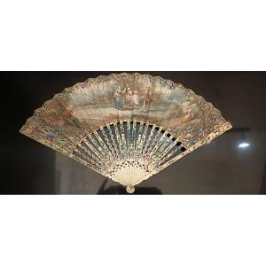 18th Century Fan With Gouache And Gallant Scene