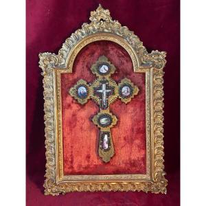 Enamelled Copper Dore Cross In Frame
