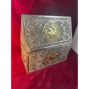 Large Copper And Pewter Reliquary Box On Wooden Core 
