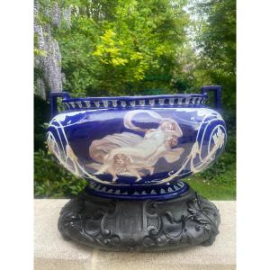 Glazed Earthenware Planter With Blackened Wooden Support