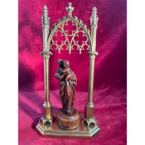 Virgin And Child In Walnut Canopy Neo Gothic Bronze
