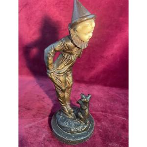 Bronze Chriselephantin Pierrot And His Dog