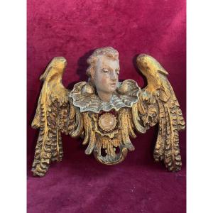 Reliquary Of An Angel's Head In Polychrome Wood, St. Dominique