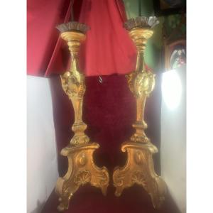 Large Gilded Wood Candle Holder Pair