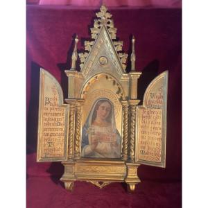 Gilded Florentine Neo-gothic Triptych Virgin Mary