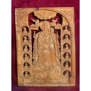 Plaque Carved In Boxwood Virgin In Majesty 12 Church Fathers