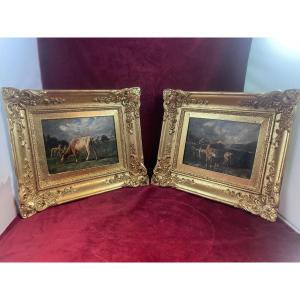 Pair Of Tableautins Cows In The Meadow Signed Broquelet
