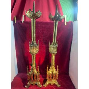Pair Of Neo-gothic Altar Candlesticks