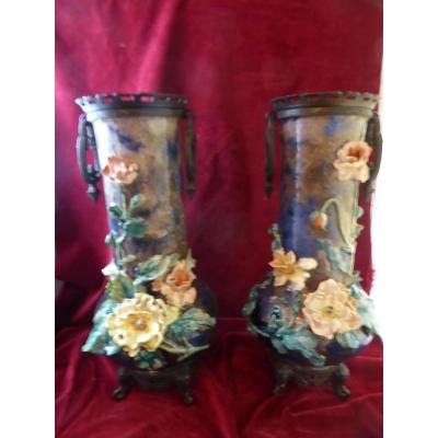 Pair Of Vases Barbotine Bronze Mount