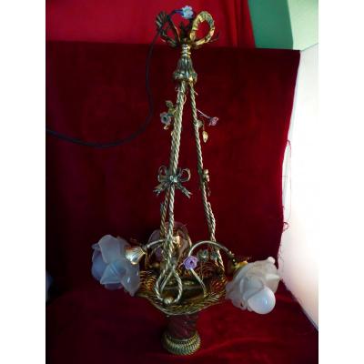 Lustre Panier Et Fleurs Porcelaine Laiton Dore Tresse