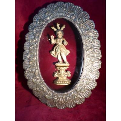 Jesus Child In Baroque Golden Wood In Oval Frame