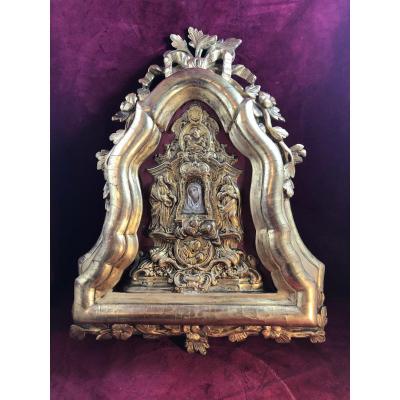 Virgin In Terracotta In Baroque Dore Wood Frame