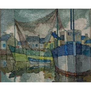 Jean Jacquelin (1905-1989) - Marine: Sailboat In Port "the Net In The Clouds"