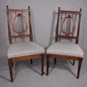Pair Of Louis XVI Chairs With Lyre Backrest, 20th Century