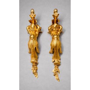 Pair Of Wall Consoles In Gilt Bronze. 19th Century 