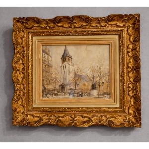 Signed Watercolor: View Of Paris, 