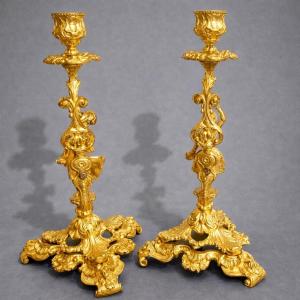 Pair Of Bronze Candlesticks, 19th Century