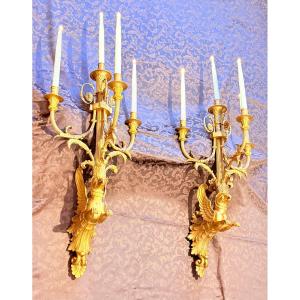 Pair Of Bronze Wall Lights With Griffins H 85 Cm 