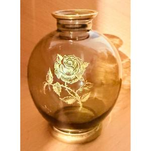 Spherical Vase In Smoked Glass, Signed Daum Nancy
