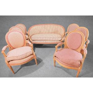 Basket Sofa + 6 Louis XVI Armchairs, 20th Century 
