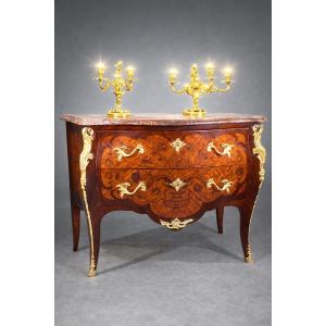 Louis XV Style Bombé Commode, Marquetry With Birds 