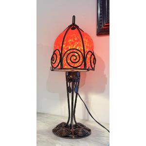 Art Nouveau Lamp, Marbled Glass Encased In Wrought Iron 