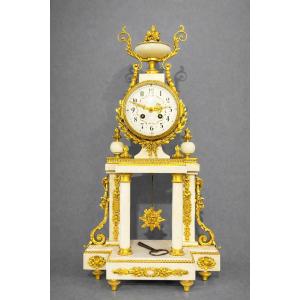 Louis XVI Clock, In Bronze And White Marble 