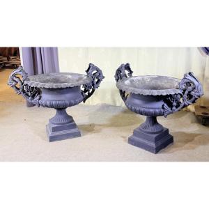 Pair Of Cast Iron Basins With Dragons, 19th Century 