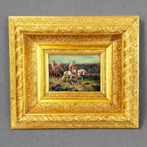 Orientalist School, Oil On Wood: Arab Horsemen, 19th Century 