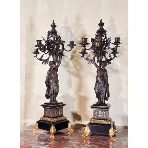 Pair Of Candelabra With Vestal Virgins – Patinated Bronze And Gilt Bronze – 19th Century
