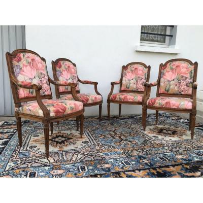 Series Of 4 Louis XVI Armchairs, Flat Back Said To The Queen, XVIIIth Century Period
