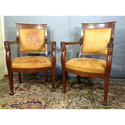 Pair Of Mahogany Armchairs, Empire Style
