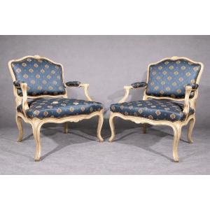 Pair Of Large Louis XV Armchairs, With Flat Backs
