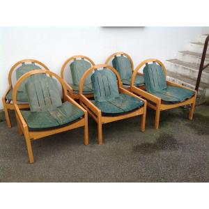 6 Wooden Garden Armchairs Signed Baumann