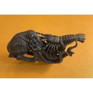 Okimono Octopus And Lobster In Buffalo Horn