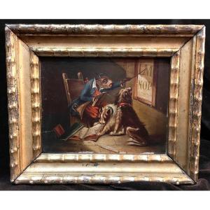 Monkey Teaching Dogs To Read, Oil On Panel, 19th Century 