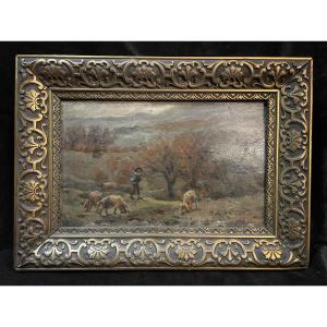 Small 19th-century Painting Depicting A Peasant Walking His Pigs