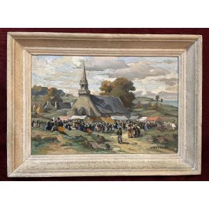 Pierre Raighasse "pardon Near Guilvinec", Oil On Panel 