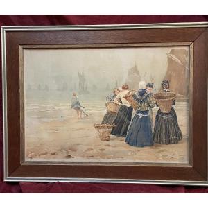 Watercolor "the Return Of The Fishermen" By F. Goossens