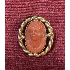 Coral And Gold Cameo, Face Of A Young Man In The Antique Style 